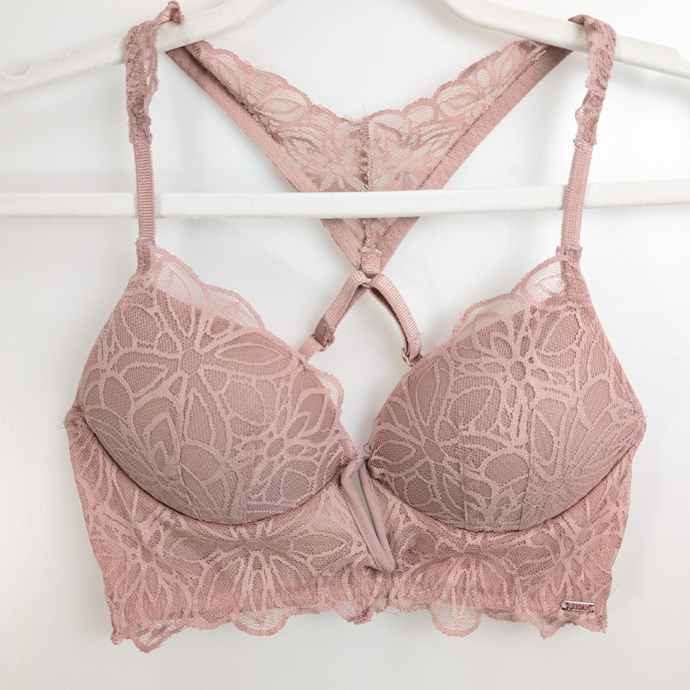 Victorias Secret PINK Date Push Up Racerback Bra‎ XS Mauve Floral Lace Longline